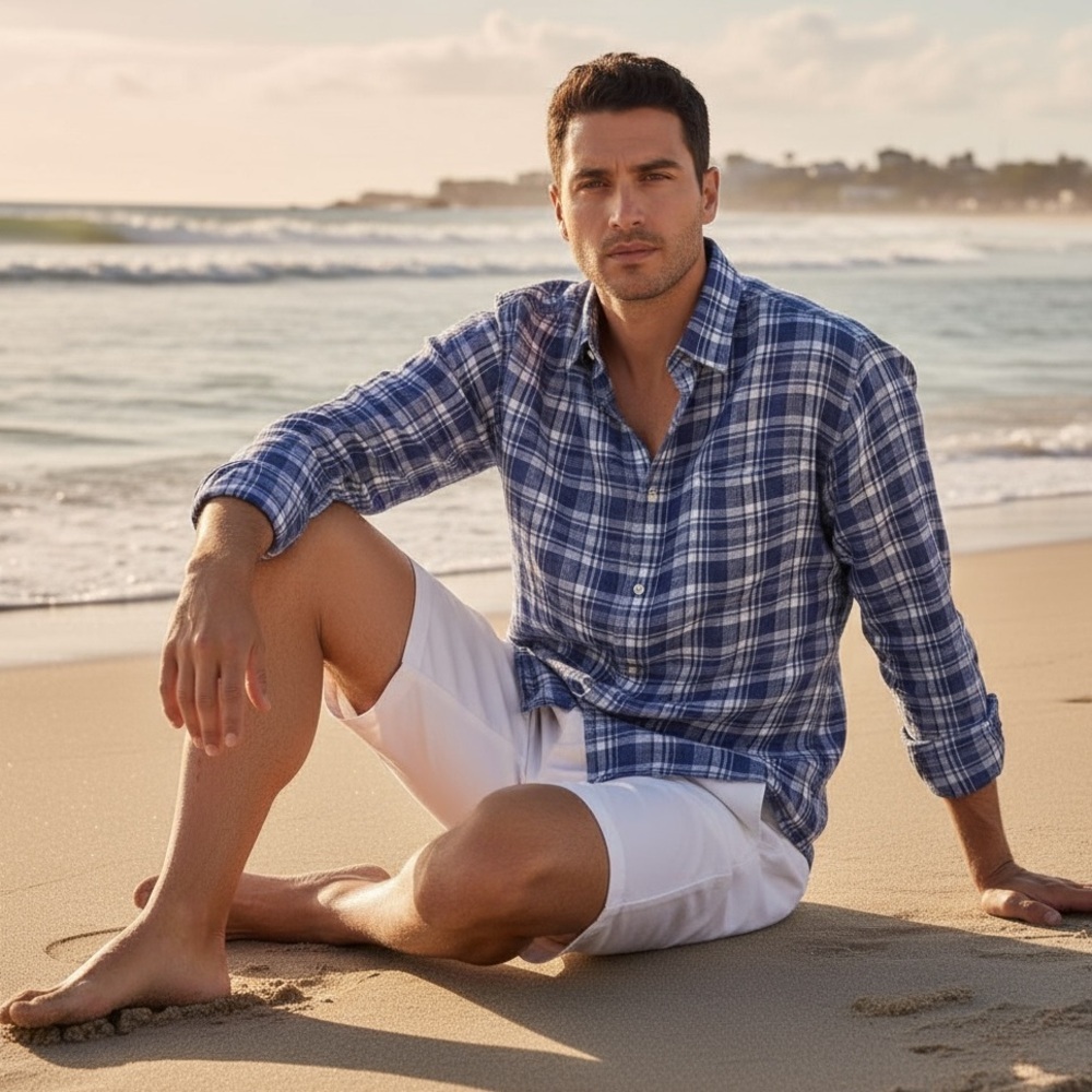 Peter Millar 100% Linen Shirt L Beach Bluff Plaid MS23W76LUF Blue White